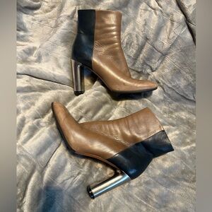 Celine Tan and Black Heeled Boots with Silver Accent size 37